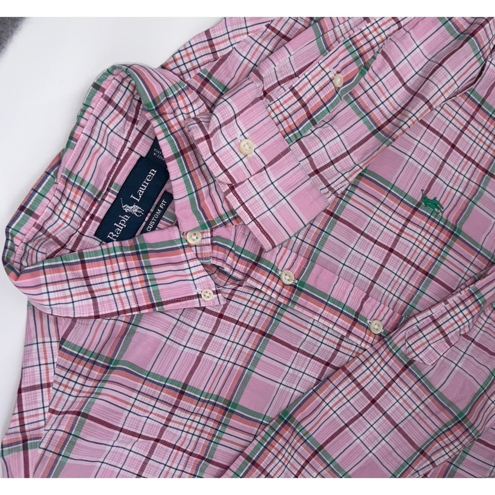 Polo Ralph Lauren Plaid Button Down  Mens Large Pink Green Custom Fit Green Pony